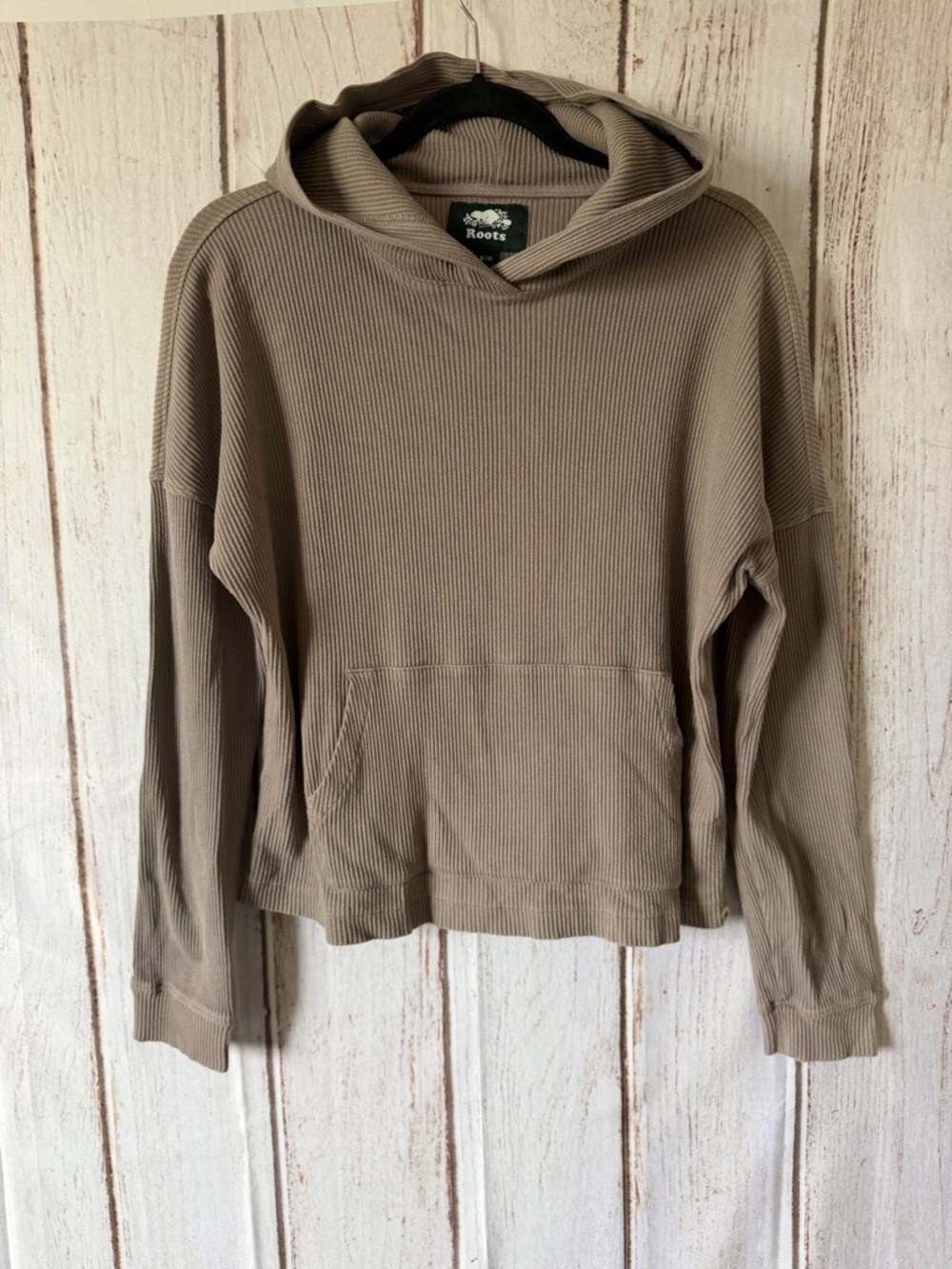 Roots Ribbed Modal Cotton Hoodie in Taupe Size M